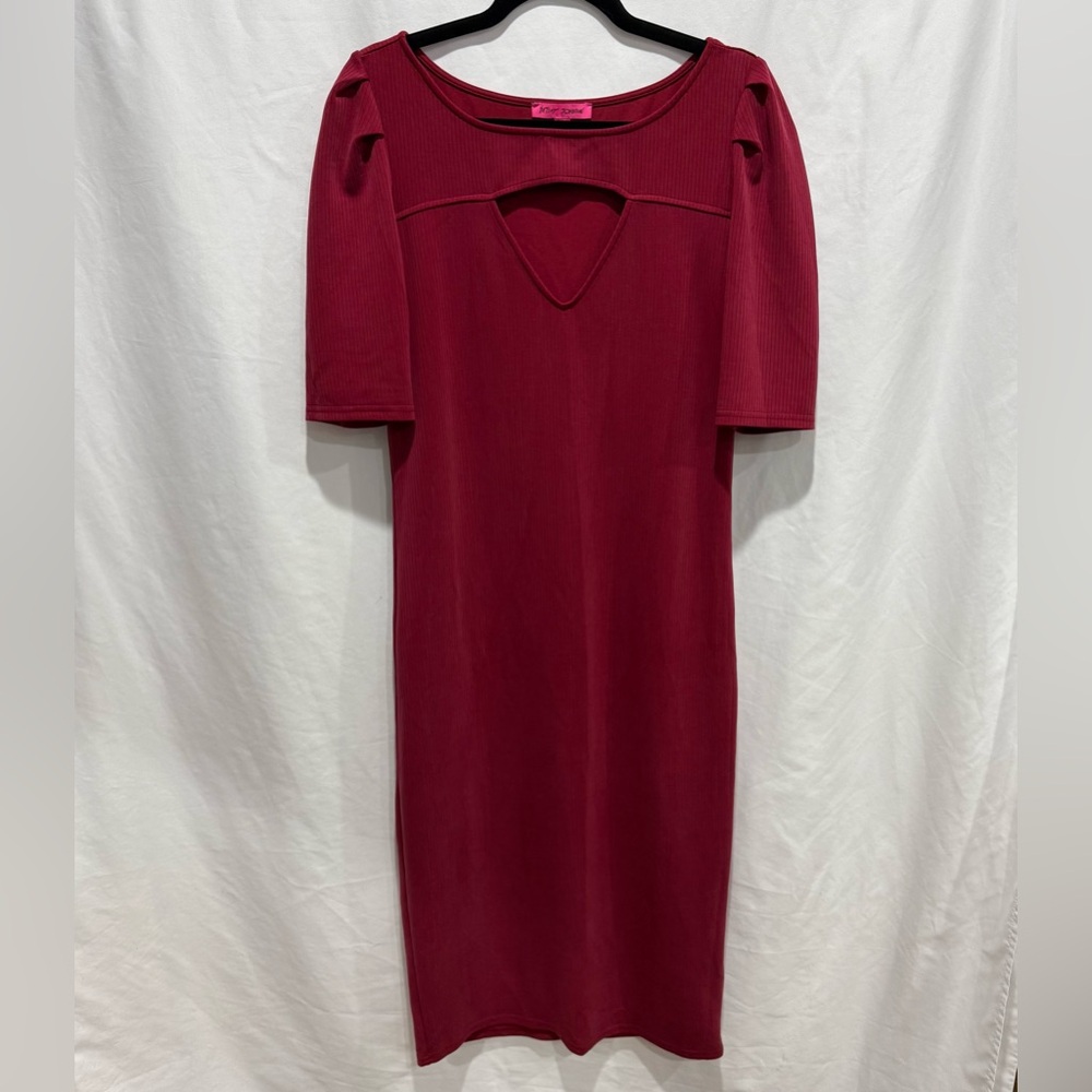 Betsey‎ Johnson Ribbed Knit Midi Dress Cutout Front Elbow Sleeve Bodycon Large